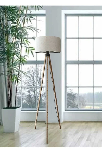 3-Legged Floor Lamp Tripod Base Three-Legged Wooden Lampshade Round Fabric Cream Shade Brown Legs - MODAMVIP