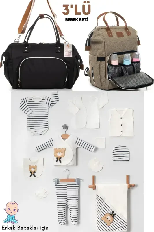 3 lik Tug'ilish To'plami (10 DONA %100 PAXTA KASALXONA CHIQISHI, GO'DAK PARVARISH YELKA SUMKASI VA XALTA)-KULRANG - 1