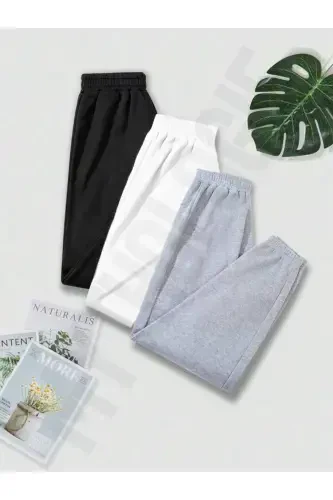 3-Logo Printed Jogger Sweatpants - Black White Gray Elastic Hem High Waist Summer-Black White Gray - 3