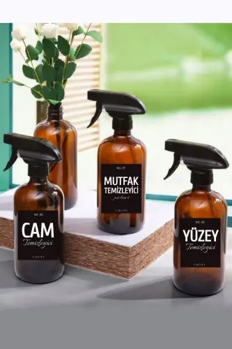3 Lü Amber Cam Şişe 500ml (yüzey, Cam, Mutfak Temizleyici Etiketli)-Siyah3l 