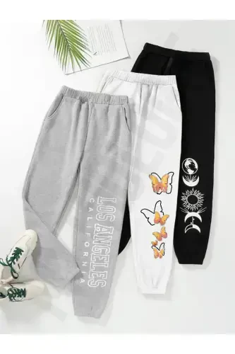 3 lu Logotip Chop etilgan Jogger Sport Shim - Qora Oq Kulrang Rezina Oyoq Yuqori Bel Yozgi - Qora Oq Kulrang - 1