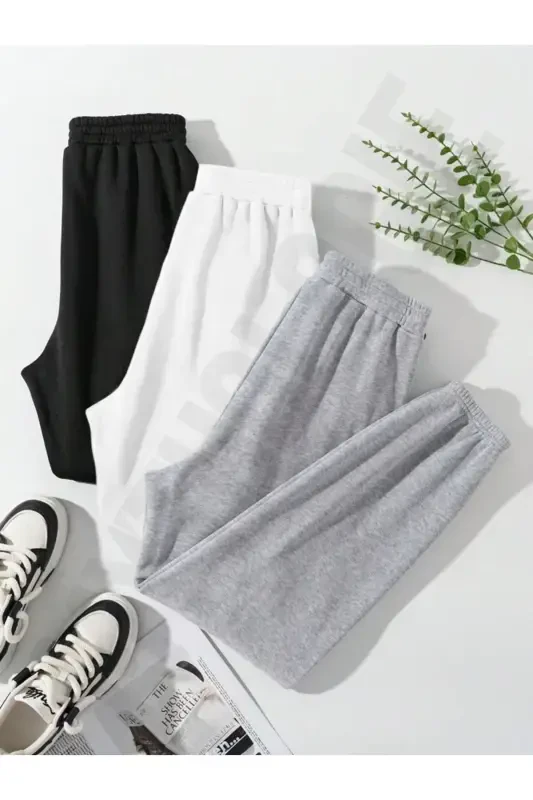 3 lu Logotip Chop etilgan Jogger Sport Shim - Qora Oq Kulrang Rezina Oyoq Yuqori Bel Yozgi - Qora Oq Kulrang - 2