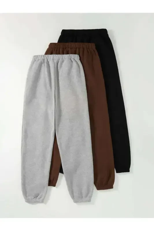 3-lü Logotipli Jogger Sport Shimi - Qora Kulrang Va Jigarrang Rezina Etikli Yuqori Bel Yozgi-Kulrang - 2