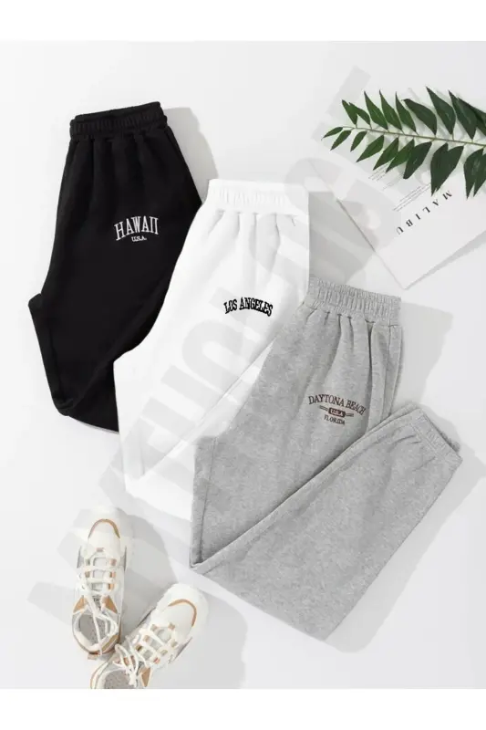 3-lü Minimal Baskılı Jogger Eşofman Altı - Siyah Beyaz Ve Gri Lastik Paça Yüksek Bel Yazlık-Siyah Beyaz Gri - 1