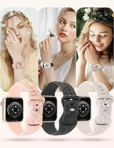 3 Pack 3D Floral Embossed Bands Apple Watch Band 38/40/41/42/44/45/46/49mm Women bilan mos keladi, o'yilgan yumshoq silikon gul iWatch Series 10/9/SE/Ultra/8/7/6/5/4/3/2/1 uchun chiroyli bezakli tasmalar - 6