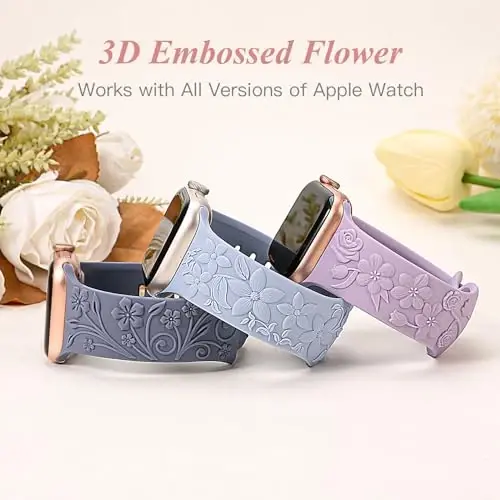 3 Pack 3D Floral Embossed Bands Apple Watch Band 38/40/41/42/44/45/46/49mm Women bilan mos keladi, o'yilgan yumshoq silikon gul iWatch Series 10/9/SE/Ultra/8/7/6/5/4/3/2/1 uchun yoqimli nafis tasmalar - 3
