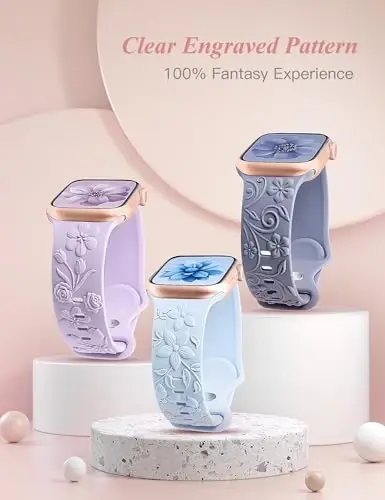 3 Pack 3D Floral Embossed Bands Apple Watch Band 38/40/41/42/44/45/46/49mm Women bilan mos keladi, o'yilgan yumshoq silikon gul iWatch Series 10/9/SE/Ultra/8/7/6/5/4/3/2/1 uchun yoqimli nafis tasmalar - 4