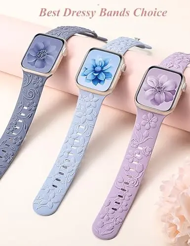3 Pack 3D Floral Embossed Bands Apple Watch Band 38/40/41/42/44/45/46/49mm Women bilan mos keladi, o'yilgan yumshoq silikon gul iWatch Series 10/9/SE/Ultra/8/7/6/5/4/3/2/1 uchun yoqimli nafis tasmalar - 5