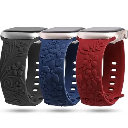 3 Pack 3D Floral Embossed Bands Compatible with Apple Watch Band 38/40/41/42/44/45/46/49mm Women, Engraved Soft Silicone Flower Cute Dressy Straps for iWatch Series 10/9/SE/Ultra/8/7/6/5/4/3/2/1 