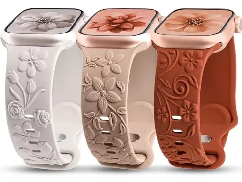 3 Pack 3D Floral Embossed Bands Compatible with Apple Watch Band 38/40/41/42/44/45/46/49mm Women, Engraved Soft Silicone Flower Cute Dressy Straps for iWatch Series 10/9/SE/Ultra/8/7/6/5/4/3/2/1 
