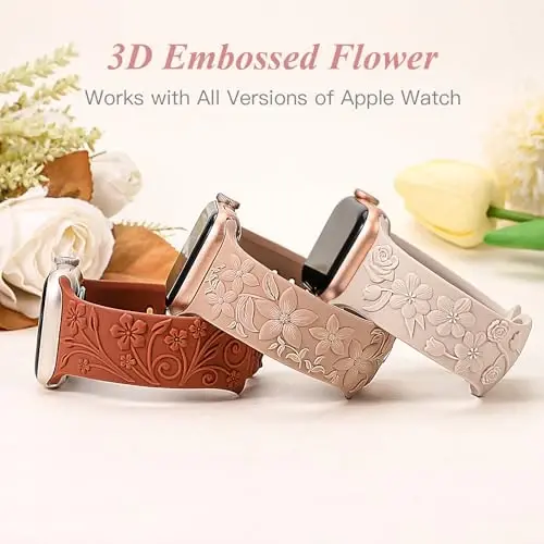 3 Pack 3D Floral Embossed Bands Compatible with Apple Watch Band 38/40/41/42/44/45/46/49mm Women, Engraved Soft Silicone Flower Cute Dressy Straps for iWatch Series 10/9/SE/Ultra/8/7/6/5/4/3/2/1 - 3