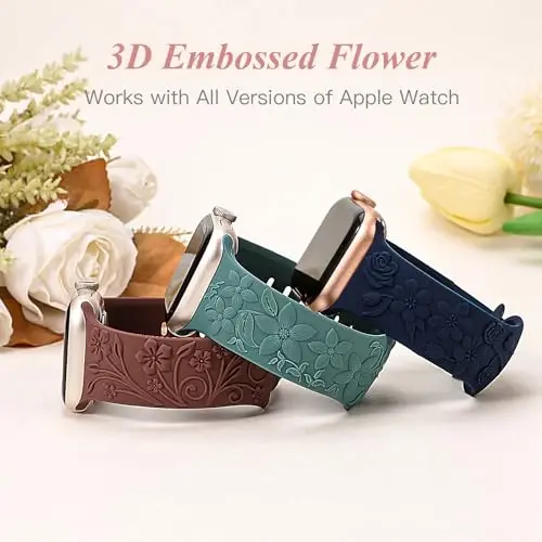 3 Pack 3D Floral Embossed Bands Compatible with Apple Watch Band 38/40/41/42/44/45/46/49mm Women, Engraved Soft Silicone Flower Cute Dressy Straps for iWatch Series 10/9/SE/Ultra/8/7/6/5/4/3/2/1 - 3