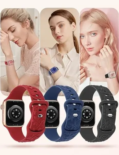3 Pack 3D Floral Embossed Bands Compatible with Apple Watch Band 38/40/41/42/44/45/46/49mm Women, Engraved Soft Silicone Flower Cute Dressy Straps for iWatch Series 10/9/SE/Ultra/8/7/6/5/4/3/2/1 - 6