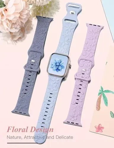 3 Pack 3D Floral Embossed Bands Compatible with Apple Watch Band 38/40/41/42/44/45/46/49mm Women, Engraved Soft Silicone Flower Cute Dressy Straps for iWatch Series 10/9/SE/Ultra/8/7/6/5/4/3/2/1 - 2
