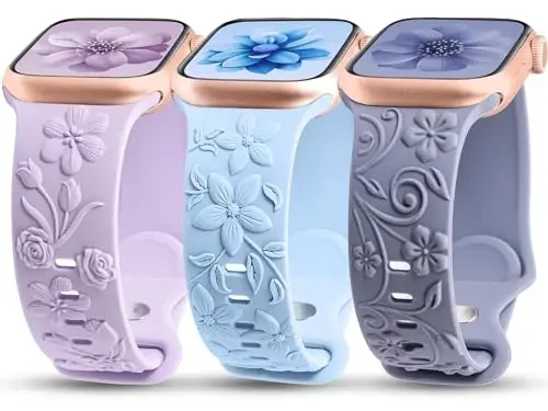 3 Pack 3D Floral Embossed Bands Compatible with Apple Watch Band 38/40/41/42/44/45/46/49mm Women, Engraved Soft Silicone Flower Cute Dressy Straps for iWatch Series 10/9/SE/Ultra/8/7/6/5/4/3/2/1 