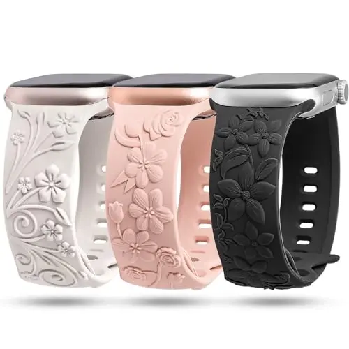3 Pack 3D Floral Embossed Bands Compatible with Apple Watch Band 38/40/41/42/44/45/46/49mm Women, Engraved Soft Silicone Flower Cute Dressy Straps for iWatch Series 10/9/SE/Ultra/8/7/6/5/4/3/2/1 