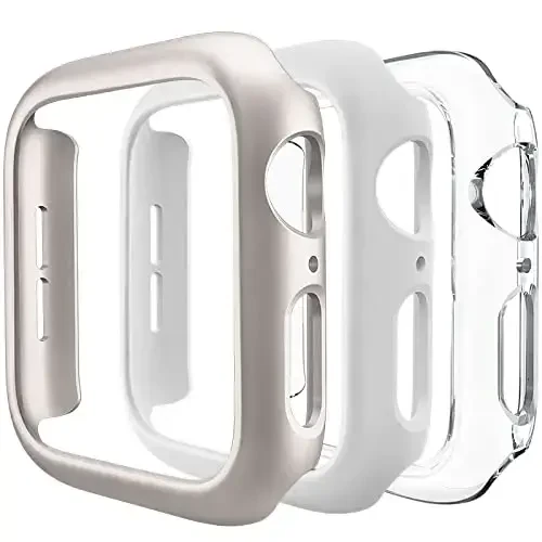 3 Pack Apple Watch Case 45mm Series 8 Series 7 uchun mos, Qattiq PC Bumper Case Himoya Qopqoq Ramkasi [Ekran plyonkasisiz] iWatch Aksessuarlari 45mm uchun mos, Starlight/Oq/Shaffof - MODAZONE