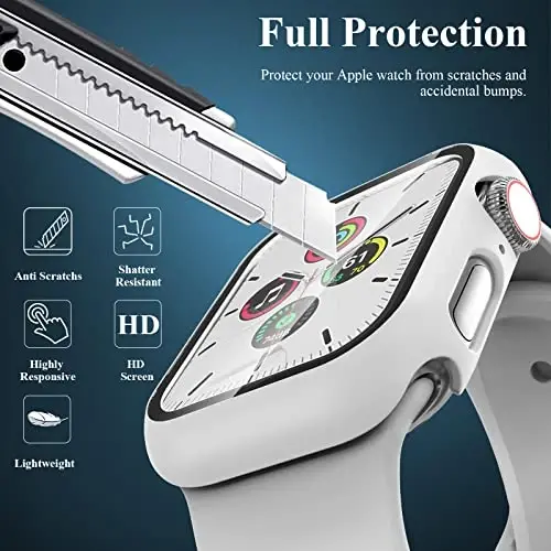 3 Pack Case Apple Watch SE 3 Series 6/5/4 44mm bilan mos keladi, Temperli Shisha Ekran Himoyachisi bilan, EWUONU Qattiq PC To'liq Qamrovli Ultra Yupqa HD Bumper Himoya Qopqog'i iWatch 44mm uchun, Qora/Oq/Qizil - 3
