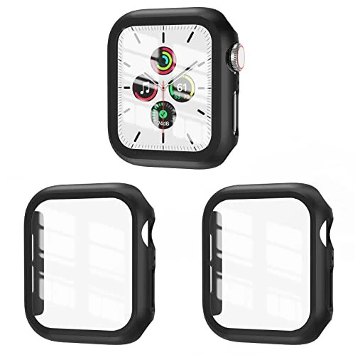 3 Pack Case Compatible with Apple Watch SE Series 6/5/4 44mm with Tempered Glass Screen Protector, EWUONU Hard PC Full Coverage Ultra-Thin HD Bumper Protective Cover for iWatch 44mm, Black/Black/Black 