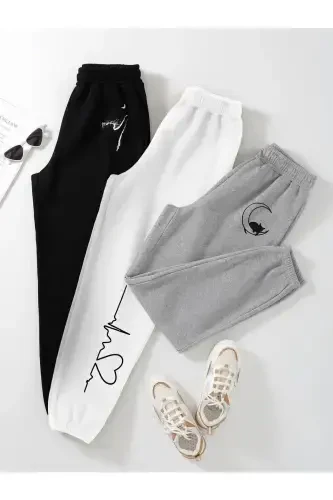 3-pack Cat & Moon Print Jogger Sweatpants - Black White Gray Elastic Hem Regular Waist-Black White Gray Cat - 1