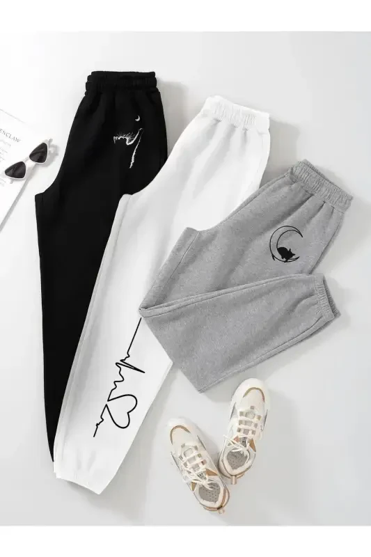 3-pack Cat & Moon Print Jogger Sweatpants - Black White Gray Elastic Hem Regular Waist-Black White Gray Cat - 1