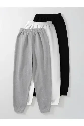 3-pack Cat & Moon Print Jogger Sweatpants - Black White Gray Elastic Hem Regular Waist-Black White Gray Cat - 2