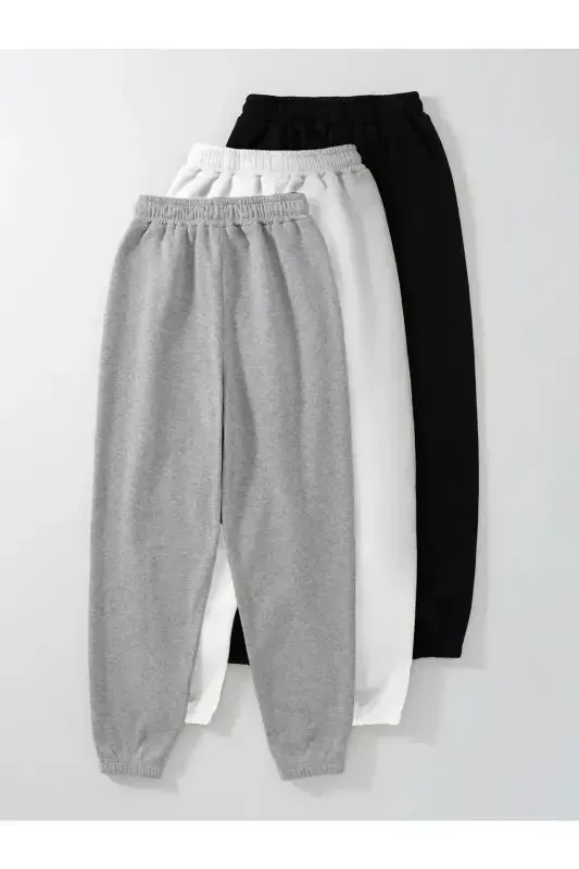 3-pack Cat & Moon Print Jogger Sweatpants - Black White Gray Elastic Hem Regular Waist-Black White Gray Cat - 2