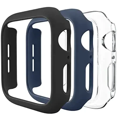 3 Pack Compatible for Apple Watch Case 45mm Series 8 Series 7, Hard PC Bumper Case Protective Cover Frame [NO Screen Film] Compatible for iWatch Accessories 45mm, Black/Navy Blue/Clear 