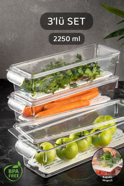 3 Pack Filtered Rubby Lidded Refrigerator Organizer - Cabinet Shelf Organizer 10x32.5x7.5 Cm 2.2l - 1