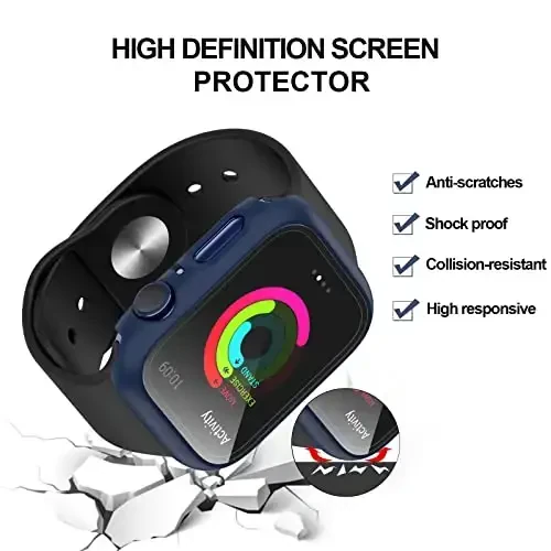 3 Pack Hard PC Case Apple Watch Series 3/2/1 38mm bilan mos, BHARVEST Tempered Glass Screen Protector bilan iWatch Accessories uchun Bubble-Free qopqoq, Qora+Ko'k+Kumush - 2