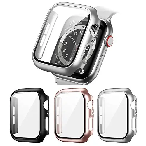 3 Pack Hard PC Case Apple Watch Series SE 2022/6/5/4/SE 44mm bilan mos keladi, BHARVEST Case закалённый oynali ekran himoyachisi iWatch Accessories uchun pufaksiz qoplama, qora+kumush+atirgul oltin - BHARVEST