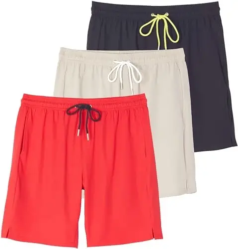 3 Pack Mens Swim Trunks Board Shorts Bathing Suit Compression Liner Beach | 6% Spandex Stretch, Big & Tall, Sewn In Boxer Brief Liner, Drawstring Elastic Waist Secure Pockets, Quick Dry Surf Pool - 1