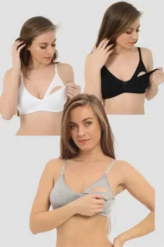 3-Pack Nursing Bras, Cotton, White - Black - Grey - 1
