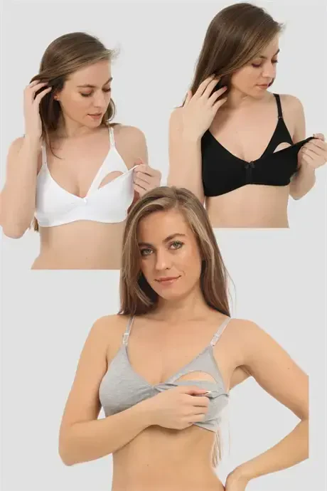 3-Pack Nursing Bras, Cotton, White - Black - Grey - BÜYÜKBEDENIZ
