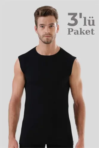 3-Pack Qora yelkasiz futbolka Yumaloq bo'yinsiz futbolka %100 paxta - BÜYÜKBEDENIZ (1)