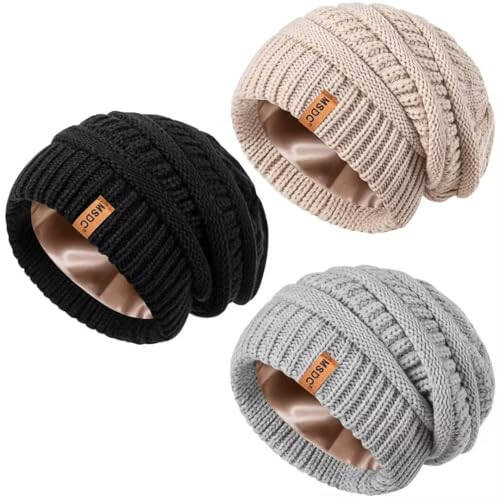 3 Pack Satin Lined Beanie for Women, Warm Slouchy Winter Hats with Silk Lined, Fashionable Oversized Cable Knit Hat Skull Cap - 1