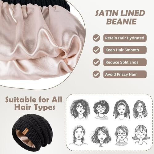 3 Pack Satin Lined Beanie for Women, Warm Slouchy Winter Hats with Silk Lined, Fashionable Oversized Cable Knit Hat Skull Cap - 4