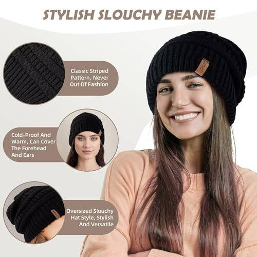 3 Pack Satin Lined Beanie for Women, Warm Slouchy Winter Hats with Silk Lined, Fashionable Oversized Cable Knit Hat Skull Cap - 5