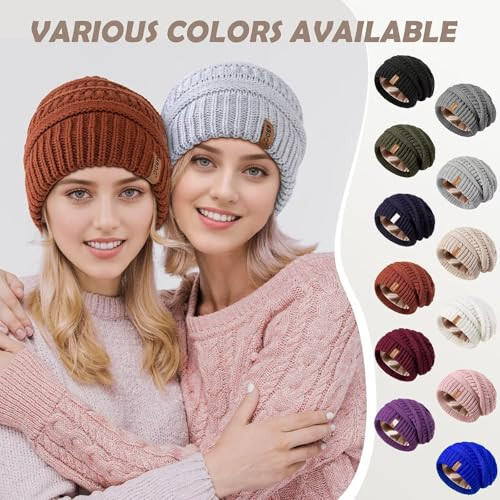 3 Pack Satin Lined Beanie for Women, Warm Slouchy Winter Hats with Silk Lined, Fashionable Oversized Cable Knit Hat Skull Cap - 6