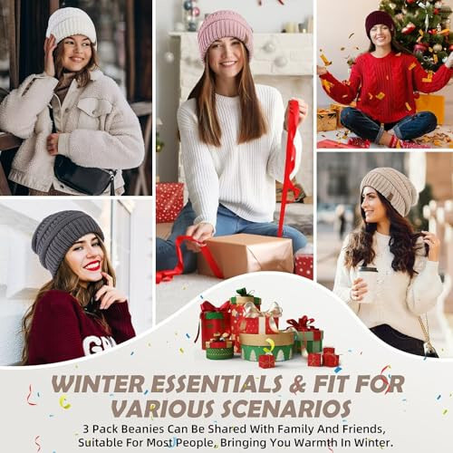 3 Pack Satin Lined Beanie for Women, Warm Slouchy Winter Hats with Silk Lined, Fashionable Oversized Cable Knit Hat Skull Cap - 7