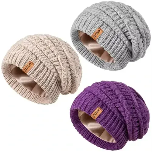 3 Pack Satin Lined Beanie for Women, Warm Slouchy Winter Hats with Silk Lined, Fashionable Oversized Cable Knit Hat Skull Cap - MSDC