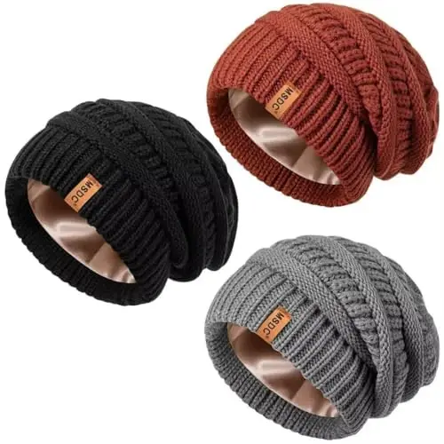 3 Pack Satin Lined Beanie for Women, Warm Slouchy Winter Hats with Silk Lined, Fashionable Oversized Cable Knit Hat Skull Cap - 3