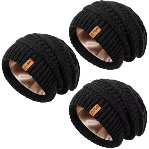 3 Pack Satin Lined Beanie for Women, Warm Slouchy Winter Hats with Silk Lined, Fashionable Oversized Cable Knit Hat Skull Cap 