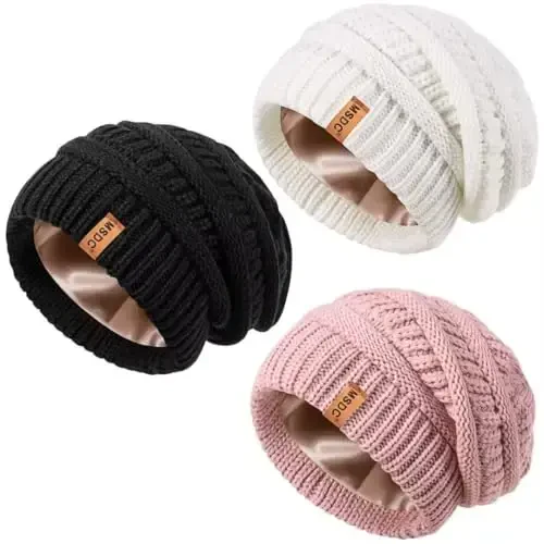 3 Pack Satin Lined Beanie for Women, Warm Slouchy Winter Hats with Silk Lined, Fashionable Oversized Cable Knit Hat Skull Cap - 1