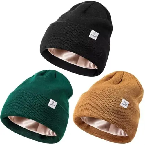 3 Pack Satin Lined Winter Beanie Hats for Women Men,Silk Lined Womens Beanies Knit Soft Warm Cuffed Hat - 1