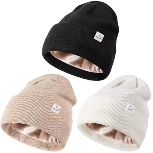 3 Pack Satin Lined Winter Beanie Hats for Women Men,Silk Lined Womens Beanies Knit Soft Warm Cuffed Hat 