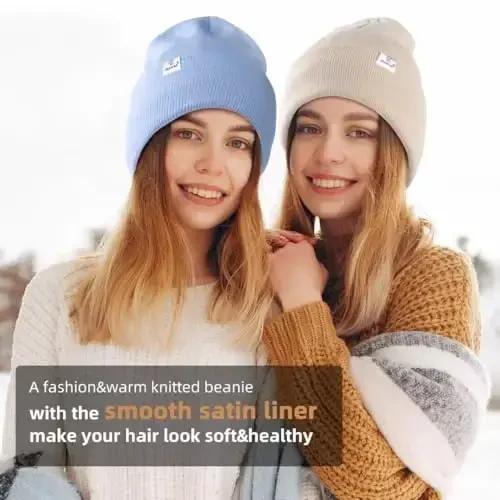 3 Pack Satin Lined Winter Beanie Hats for Women Men,Silk Lined Womens Beanies Knit Soft Warm Cuffed Hat - 6