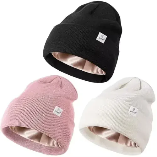 3 Pack Satin Lined Winter Beanie Hats for Women Men,Silk Lined Womens Beanies Knit Soft Warm Cuffed Hat - 3
