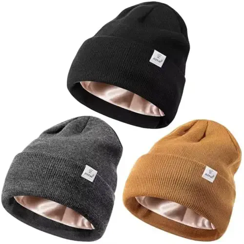 3 Pack Satin Lined Winter Beanie Hats for Women Men,Silk Lined Womens Beanies Knit Soft Warm Cuffed Hat 