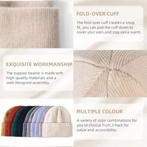 3 Pack Satin Lined Winter Beanie Hats for Women Men,Silk Lined Womens Beanies Knit Soft Warm Cuffed Hat - 5
